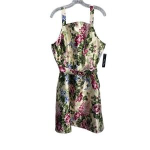 New VELVET FLEUR Sz XL Dress Floral Fit Flare Satiny Square Neck Belt Formal NWT